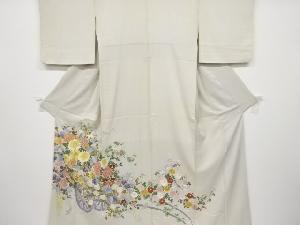 アンティーク　花車に菊・梅・藤模様刺繍一つ紋着物